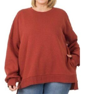 Zenana Sweatshirt Round Neck Oversized Pullover Pockets Cozy Dark Rust 1X 2X